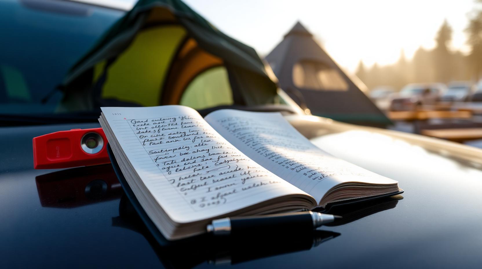 Notes about slope, wind and ground beside an open rooftop tent