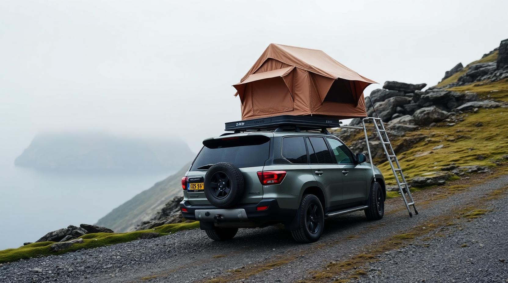 A rooftop-tent car sheltered by a ridge on a small Lofoten road