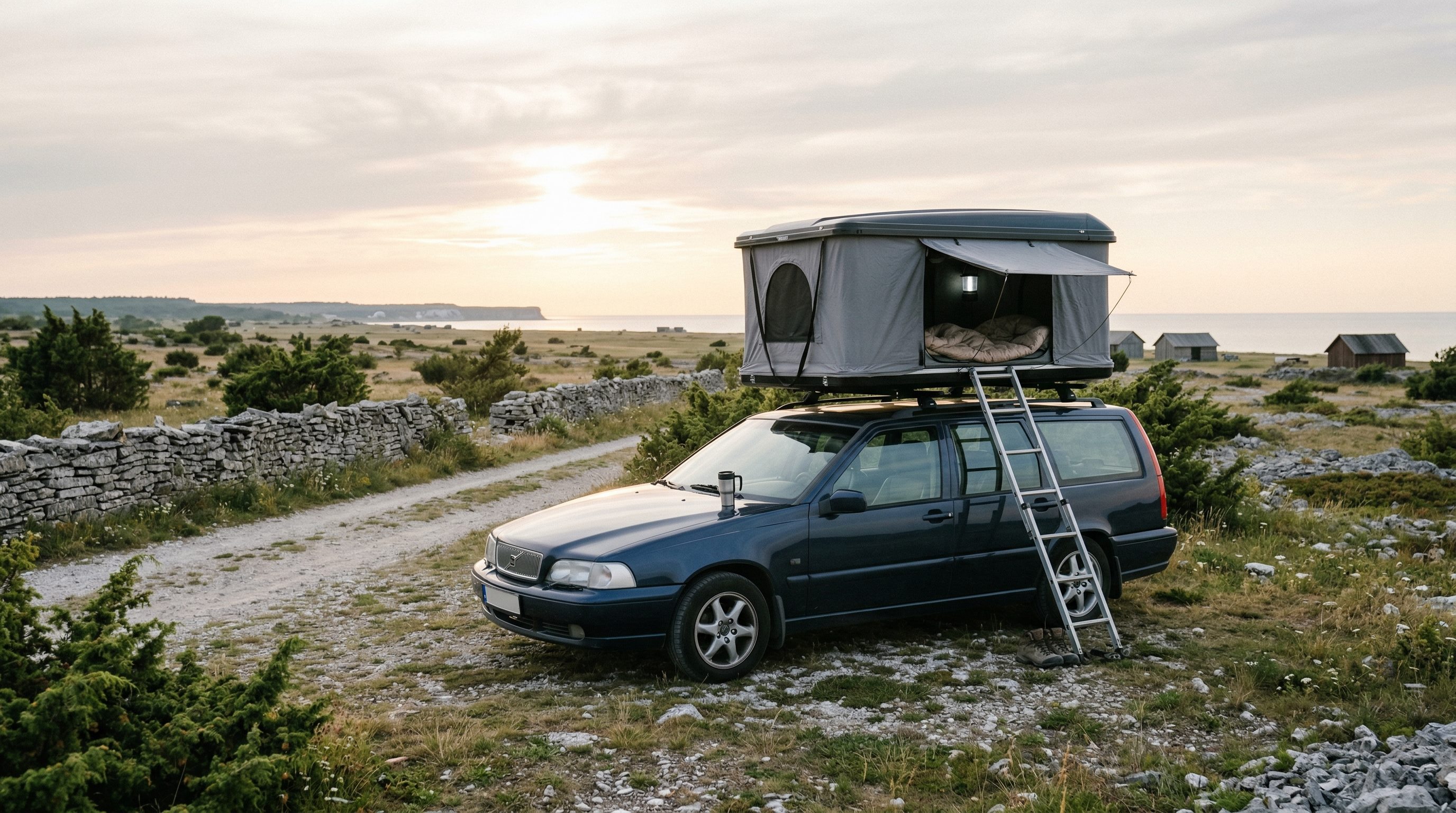 Bil med taktält på Gotland vid kvällsljus