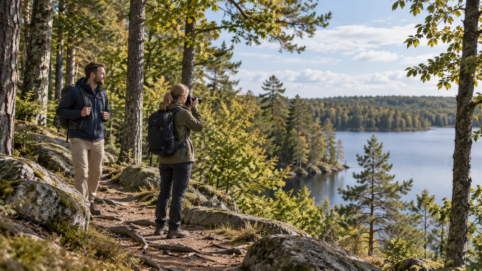 Illustration: två vandrare stannar på en skogsstig med utsikt över en sjö