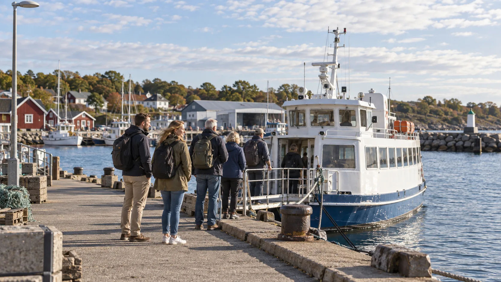 Illustration: resenärer går ombord på en passagerarbåt i en kusthamn