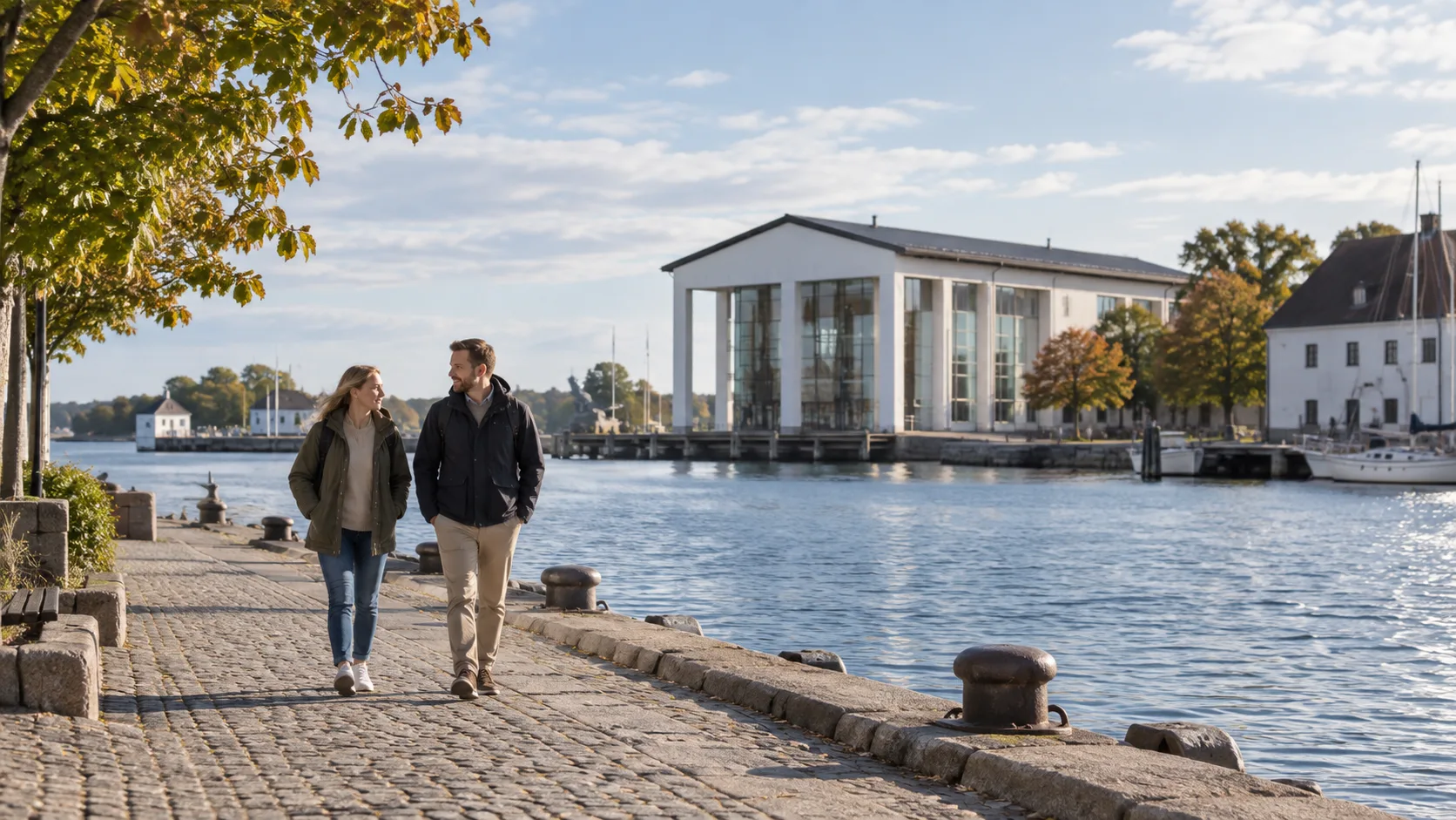 Illustration: två resenärer promenerar längs en kaj med en museibyggnad vid vattnet