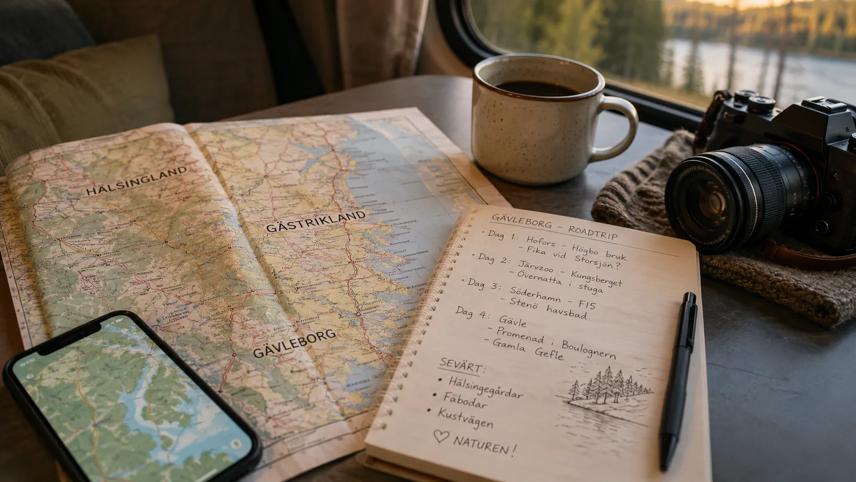 Karta över Hälsingland och Gästrikland med anteckningar, kaffe och kamera under roadtrip i Gävleborg
