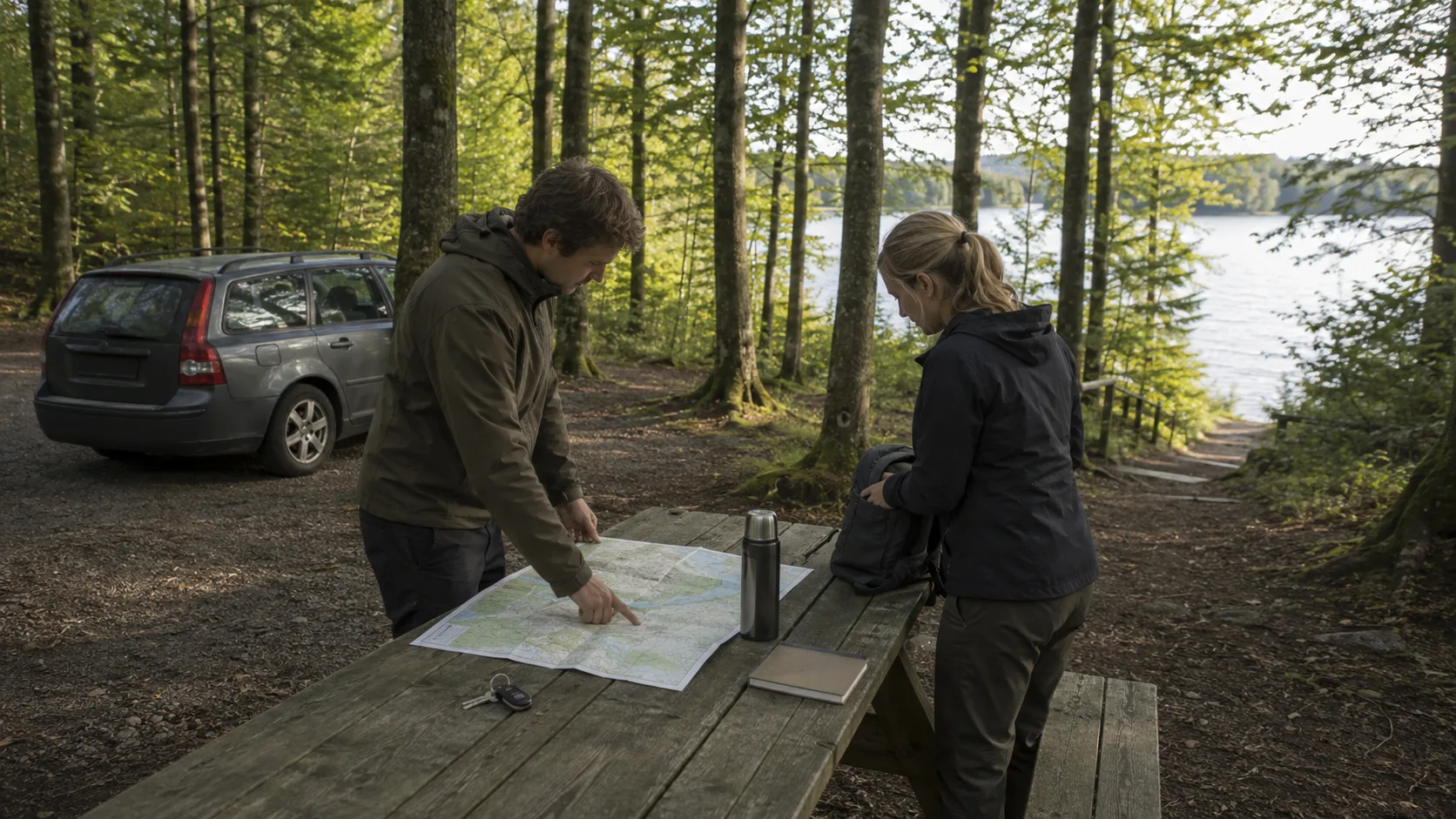 Två resenärer planerar vid en rastplats i Åkulla bokskogar med karta, termos och sjö bakom
