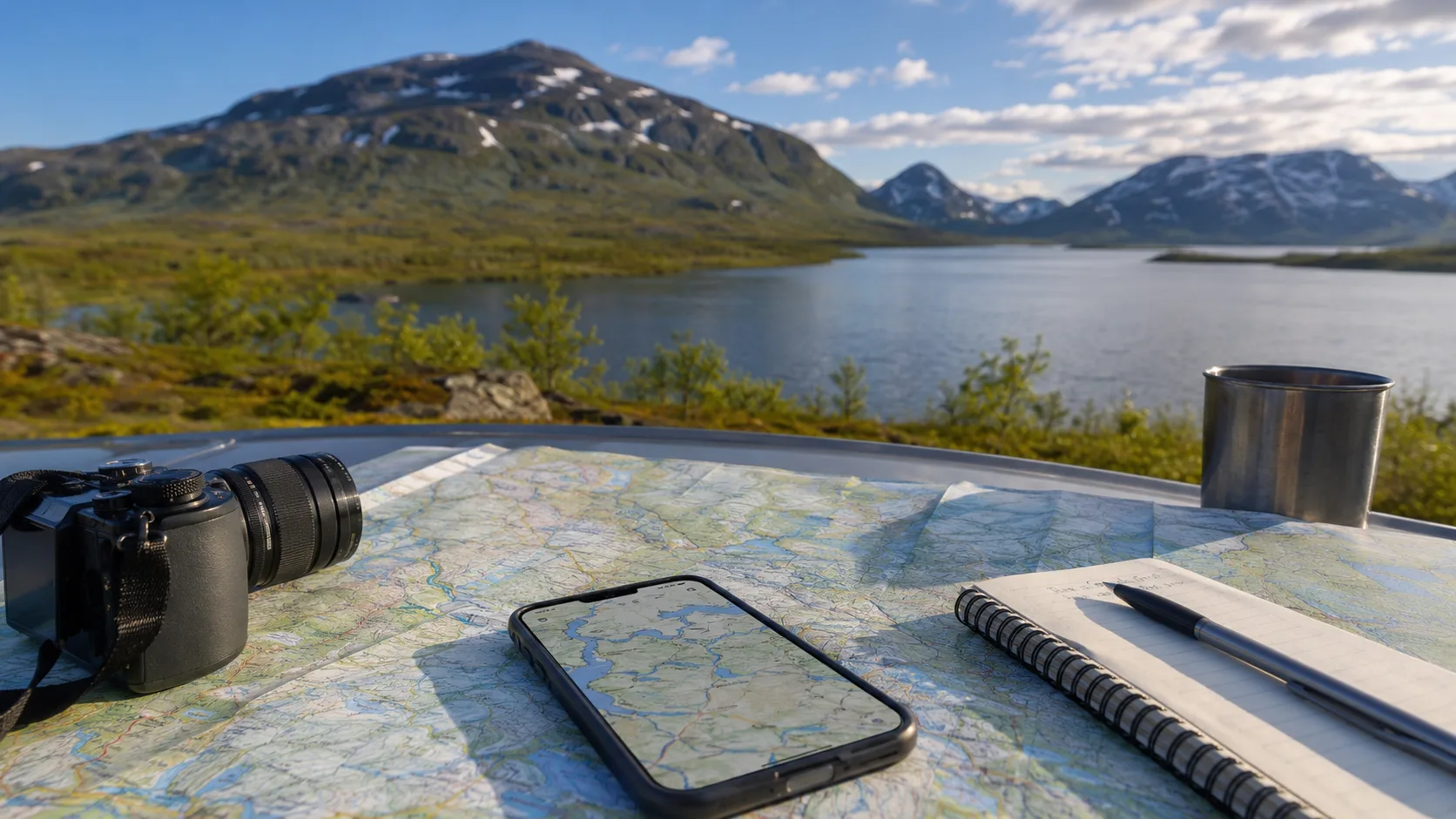 A map, phone, camera and notebook during a Jämtland road trip