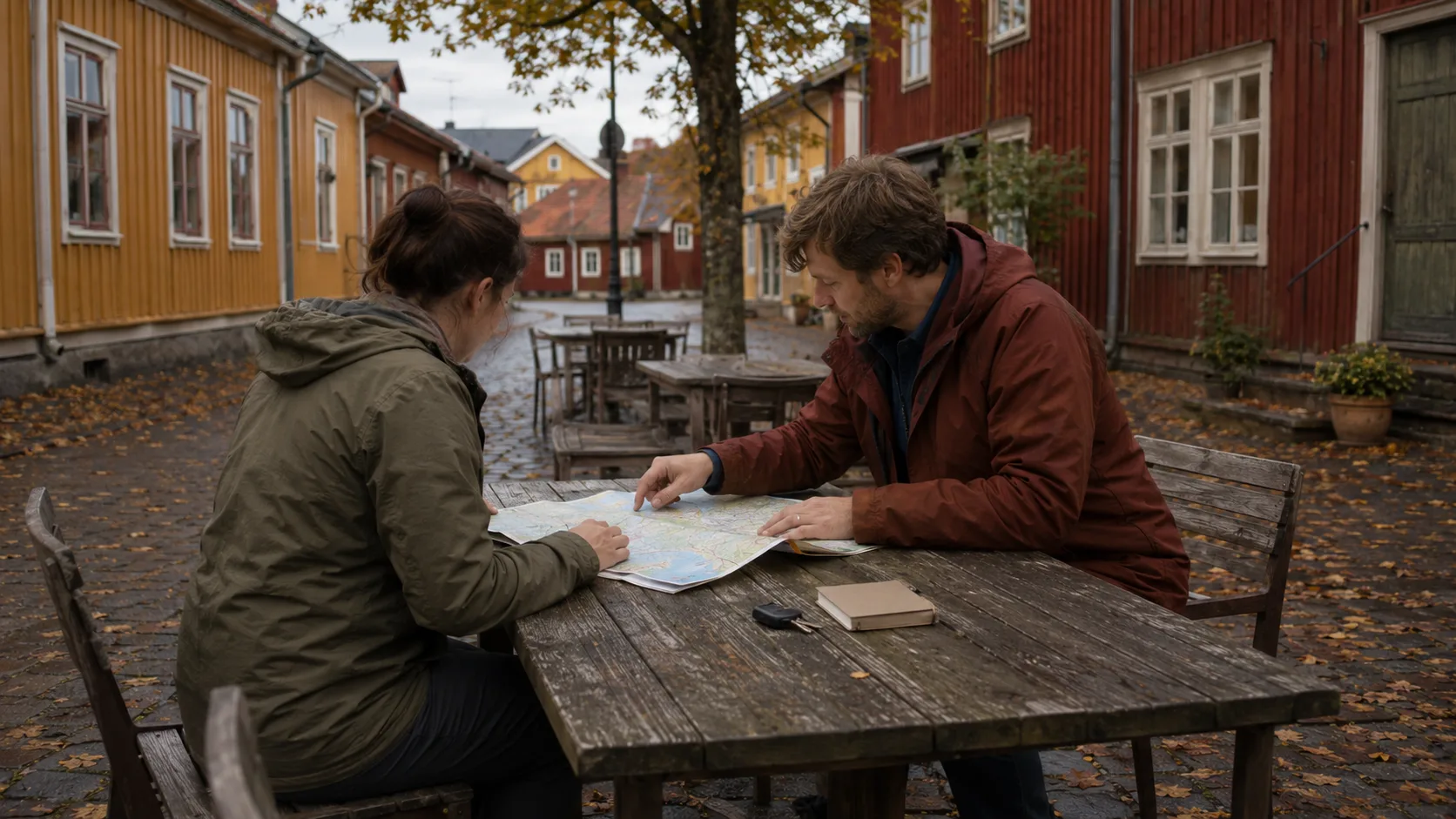 Two travellers study a map among the wooden houses of Eksjö old town