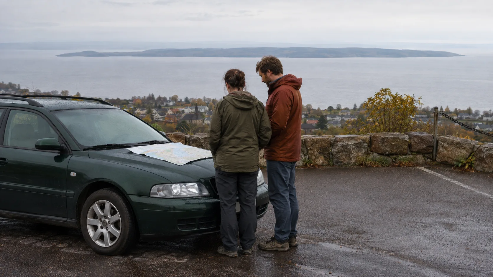 Two travellers plan beside a car overlooking Gränna, Lake Vättern and Visingsö