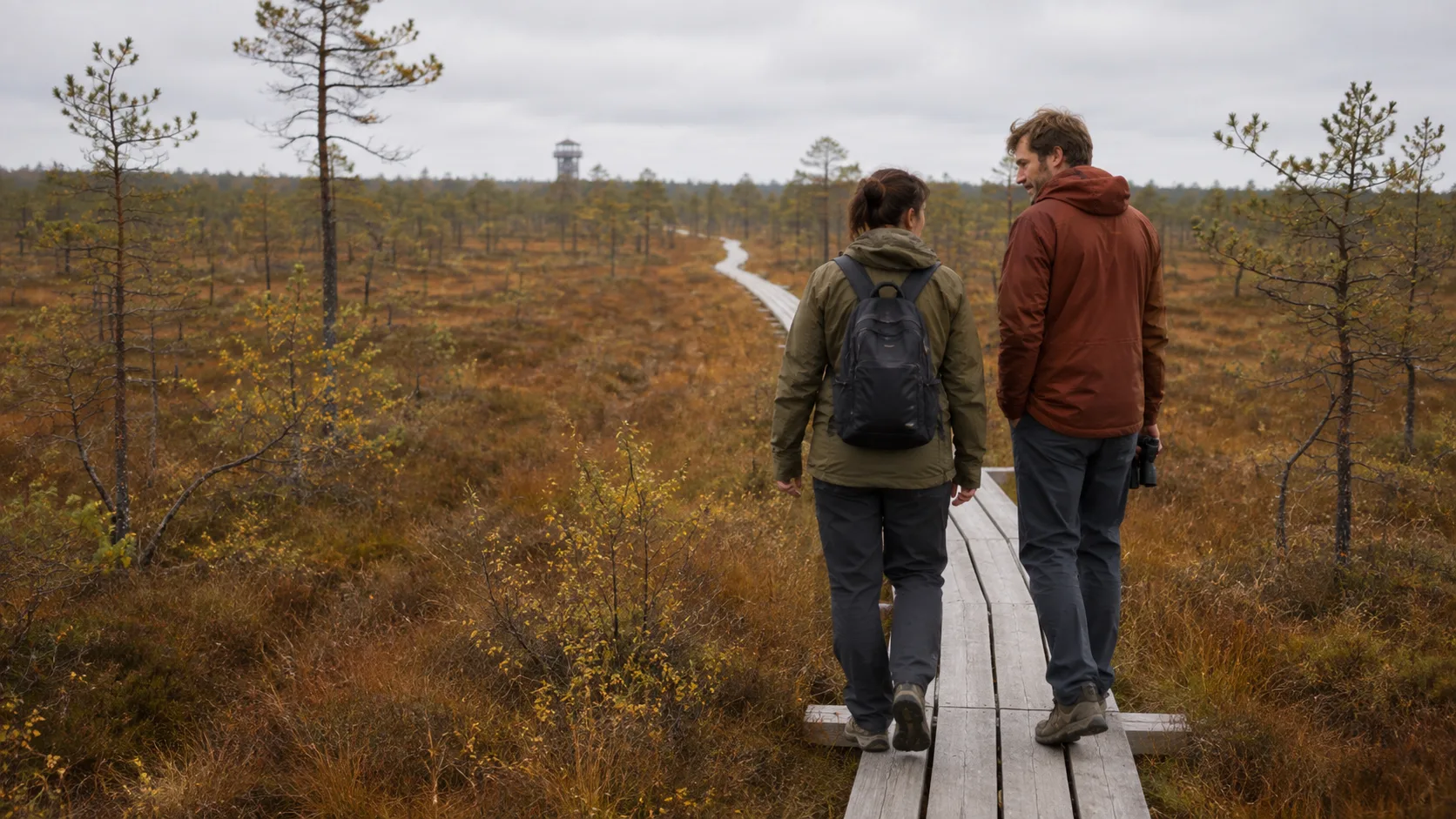 Two travellers walk along a boardwalk through Store Mosse's open bog landscape