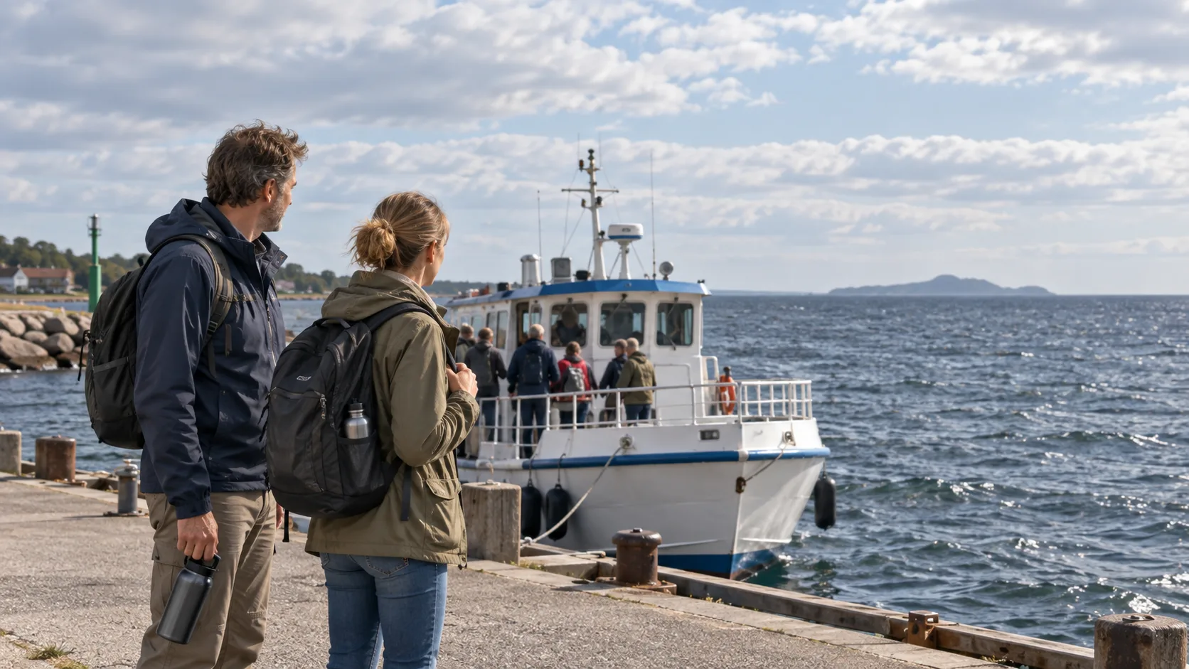 Två resenärer väntar vid båten från Oskarshamn mot Blå Jungfrun
