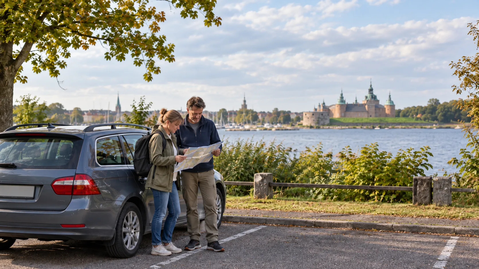 Two travellers plan beside a car overlooking Kalmar Castle and Kalmarsund