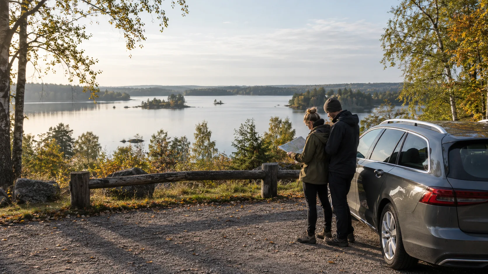 Two travellers plan beside a parked car overlooking Åsnen's lake landscape