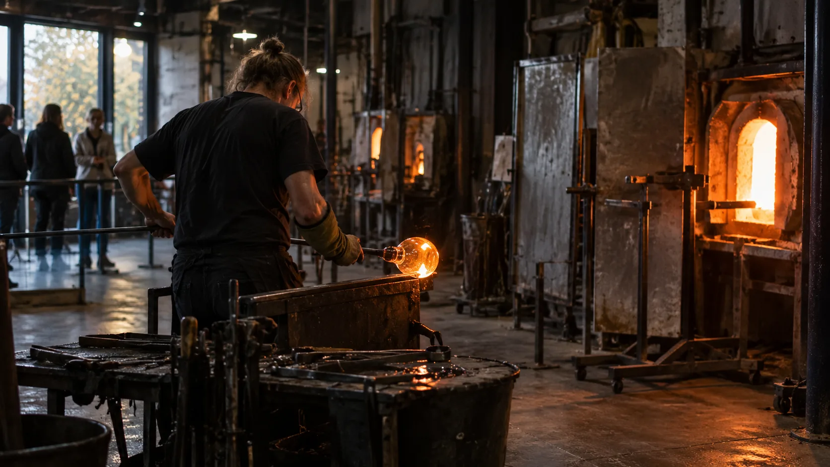 A glassblower shapes glowing glass in a visitor-accessible hot shop in Kosta