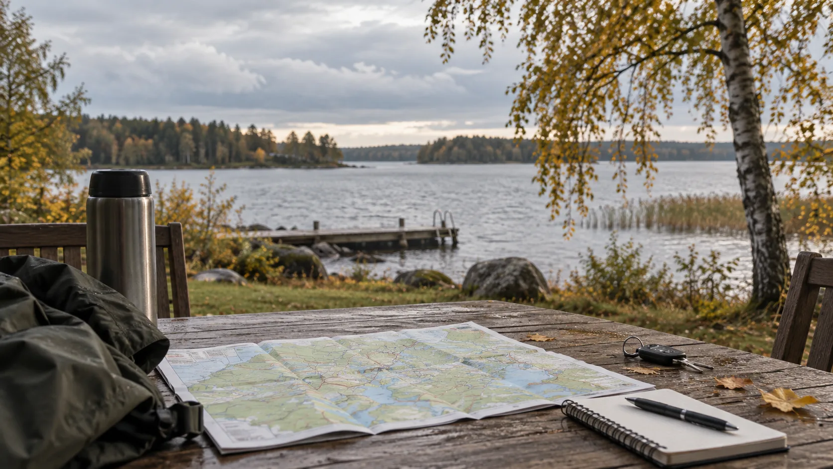 A map, notebook and car keys on a table beside Lake Bolmen
