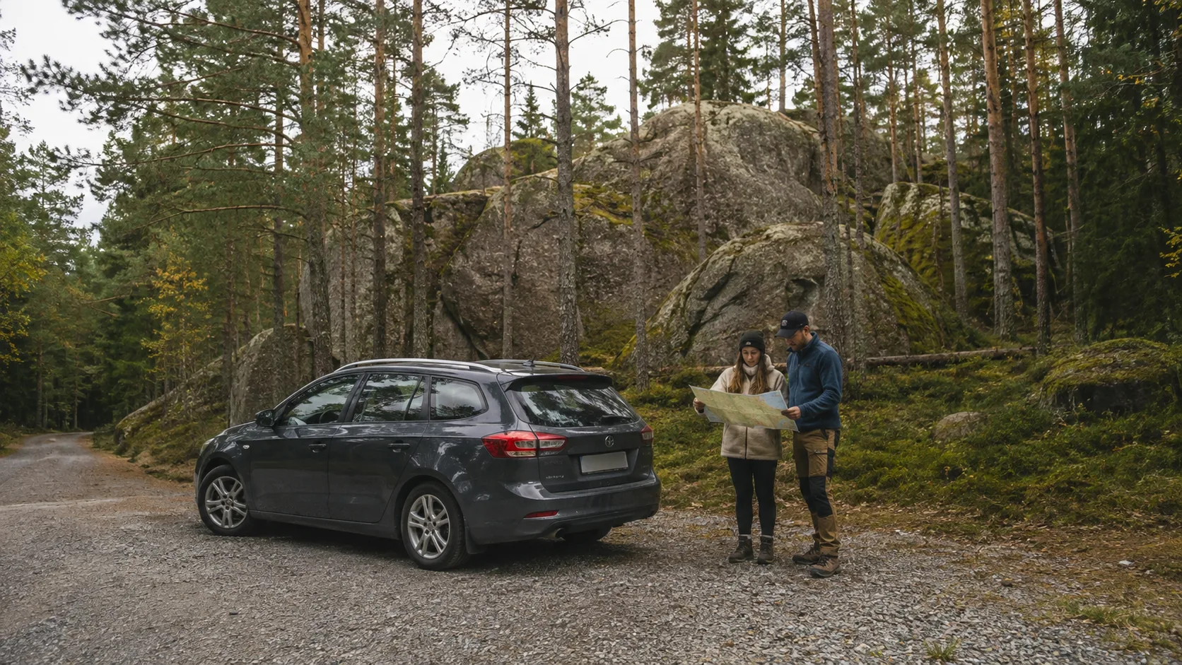 Två resenärer med karta vid en bil bland klippblock och tallskog i Tiveden