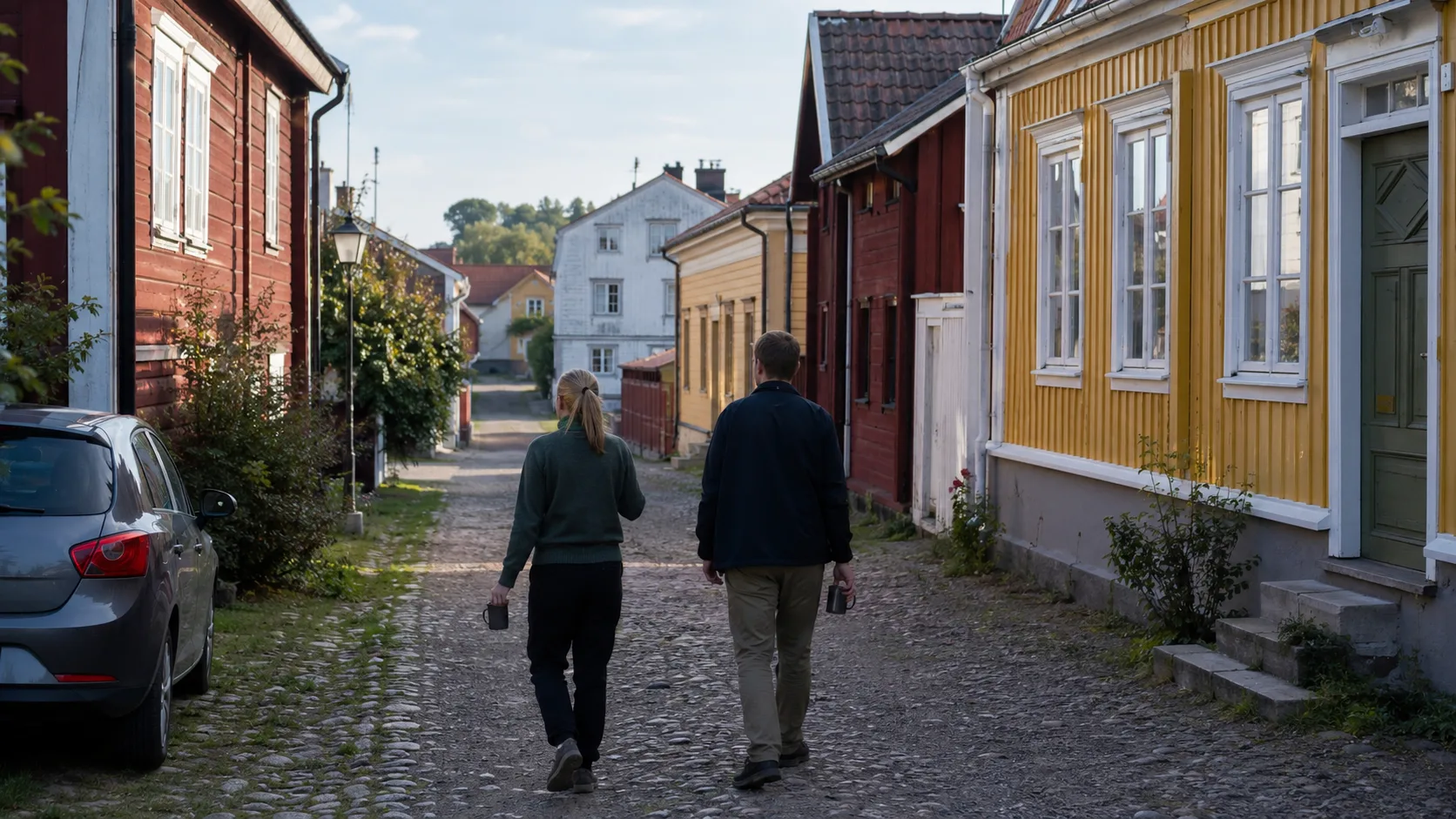 Two travellers walking through the colourful wooden streets of Nora