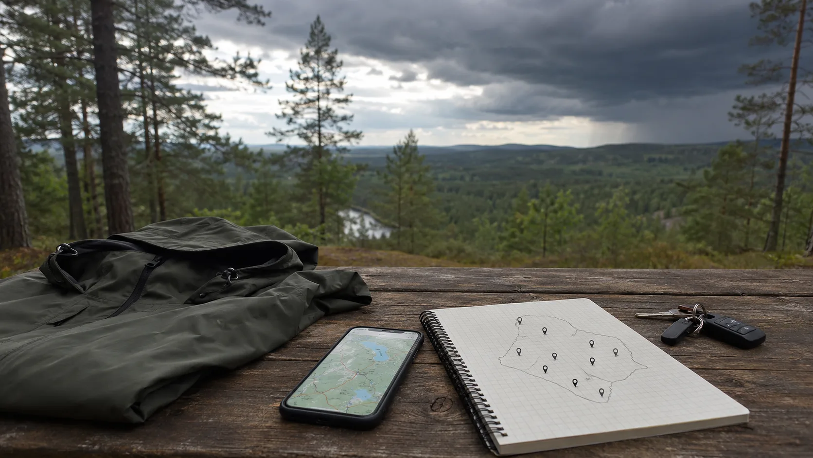 A map, phone and car keys on a rest table before an Örebro County road trip