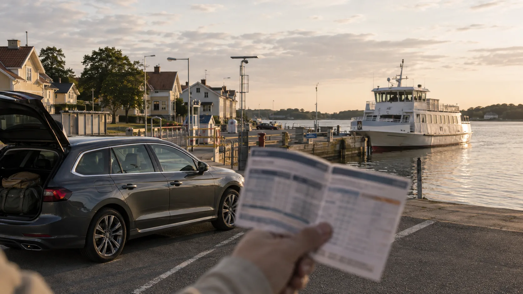 A traveller checks a timetable beside a parked car and archipelago boat in Arkösund harbour
