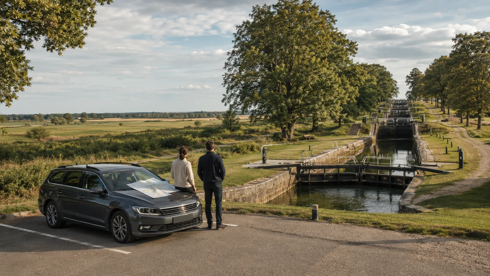 Two travellers plan beside a parked car overlooking Berg Locks and the Östergötland plain