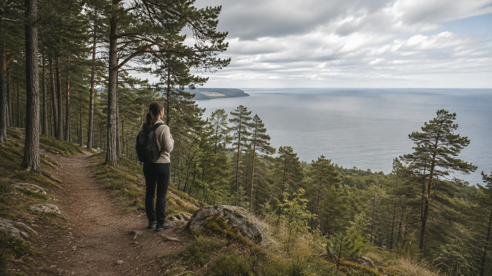 A hiker on a marked Omberg trail overlooking Lake Vättern