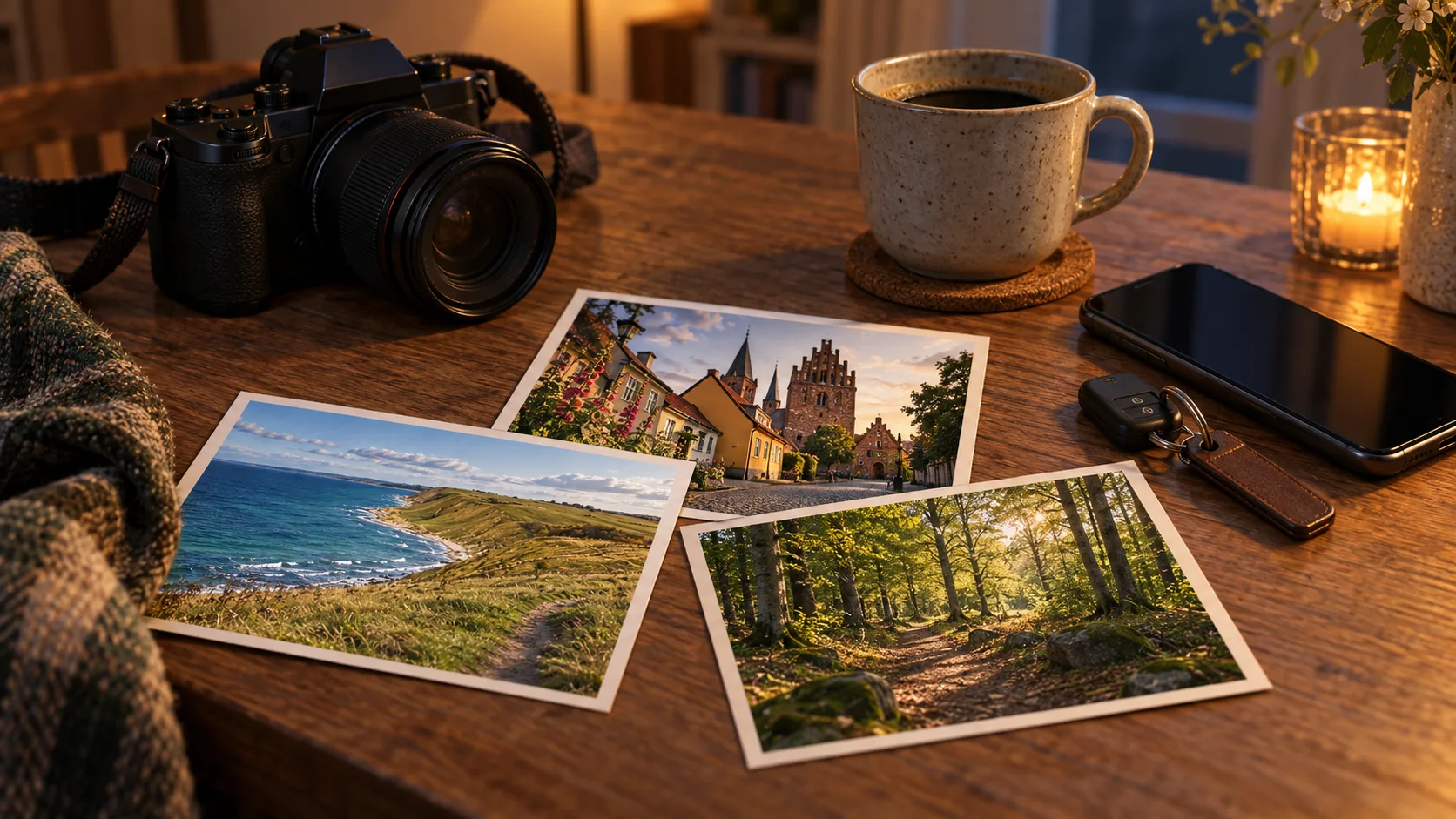 Illustration of a camera, coffee and travel pictures of coast, town and woodland