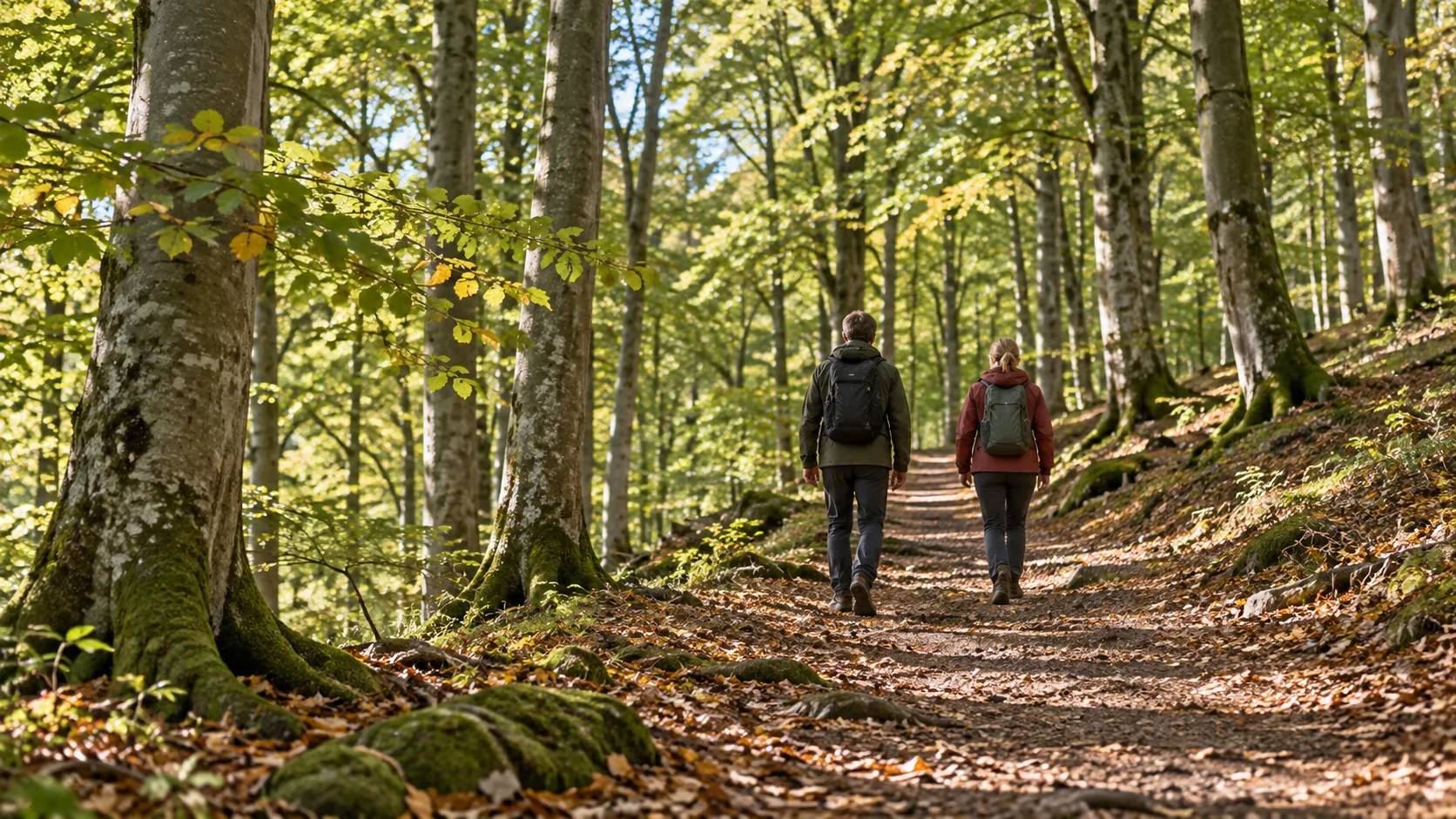 Illustration of two walkers on a path through beech woods in Söderåsen