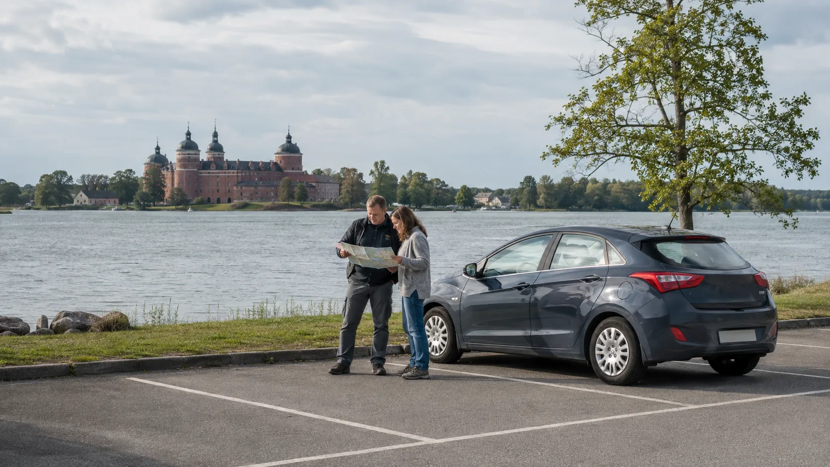 Two travellers plan beside a parked car with Gripsholm Castle and Lake Mälaren behind them