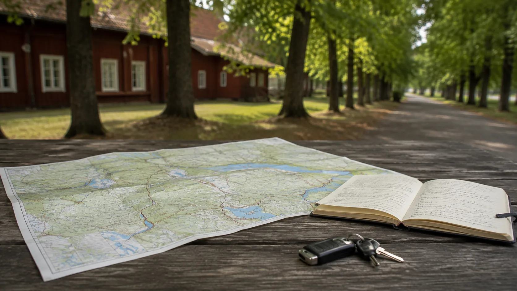 A map, notebook and car keys on a wooden table beside a Södermanland cultural setting