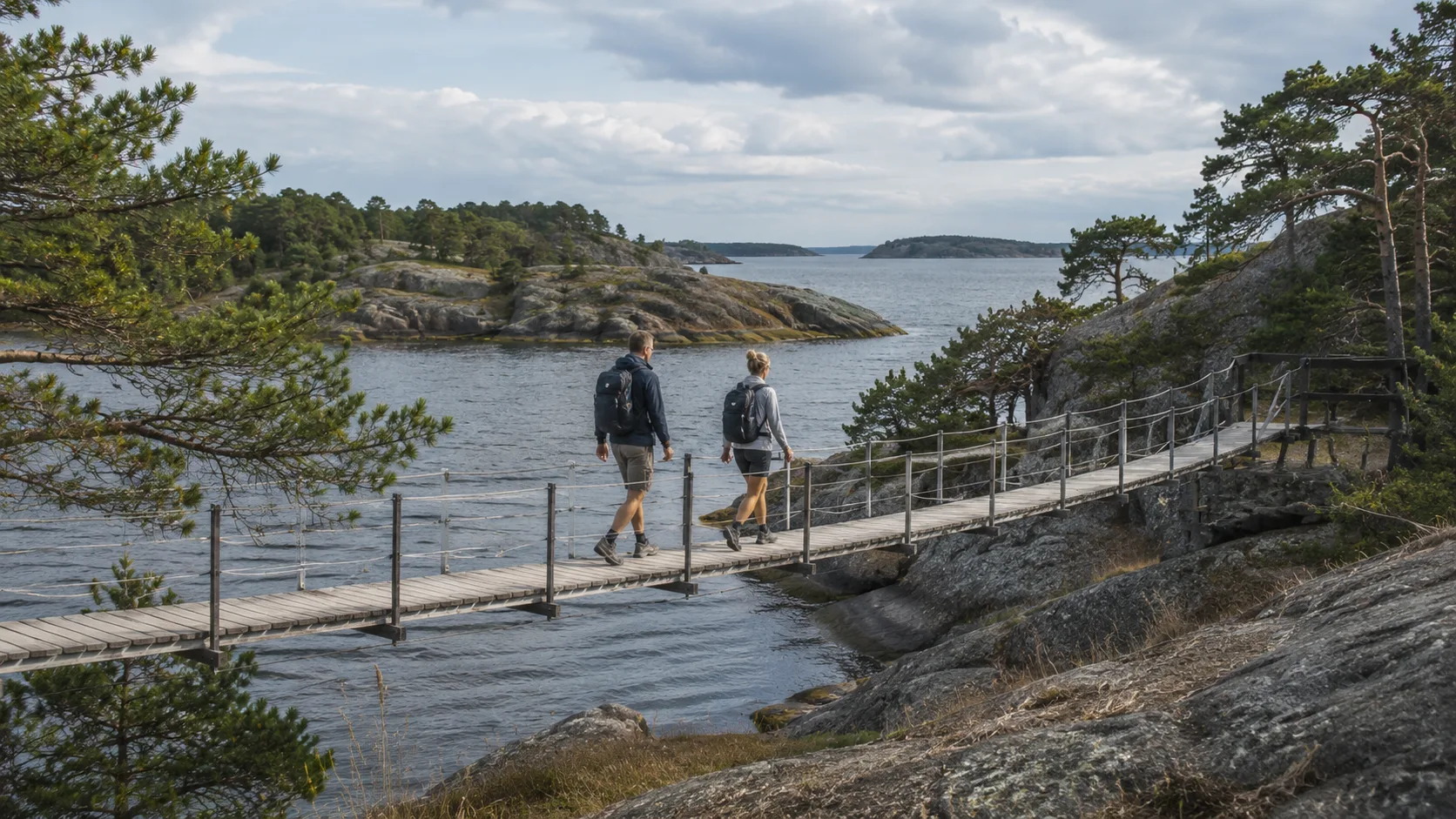 Two hikers cross a suspension bridge between the coastal rocks of Stendörren Nature Reserve