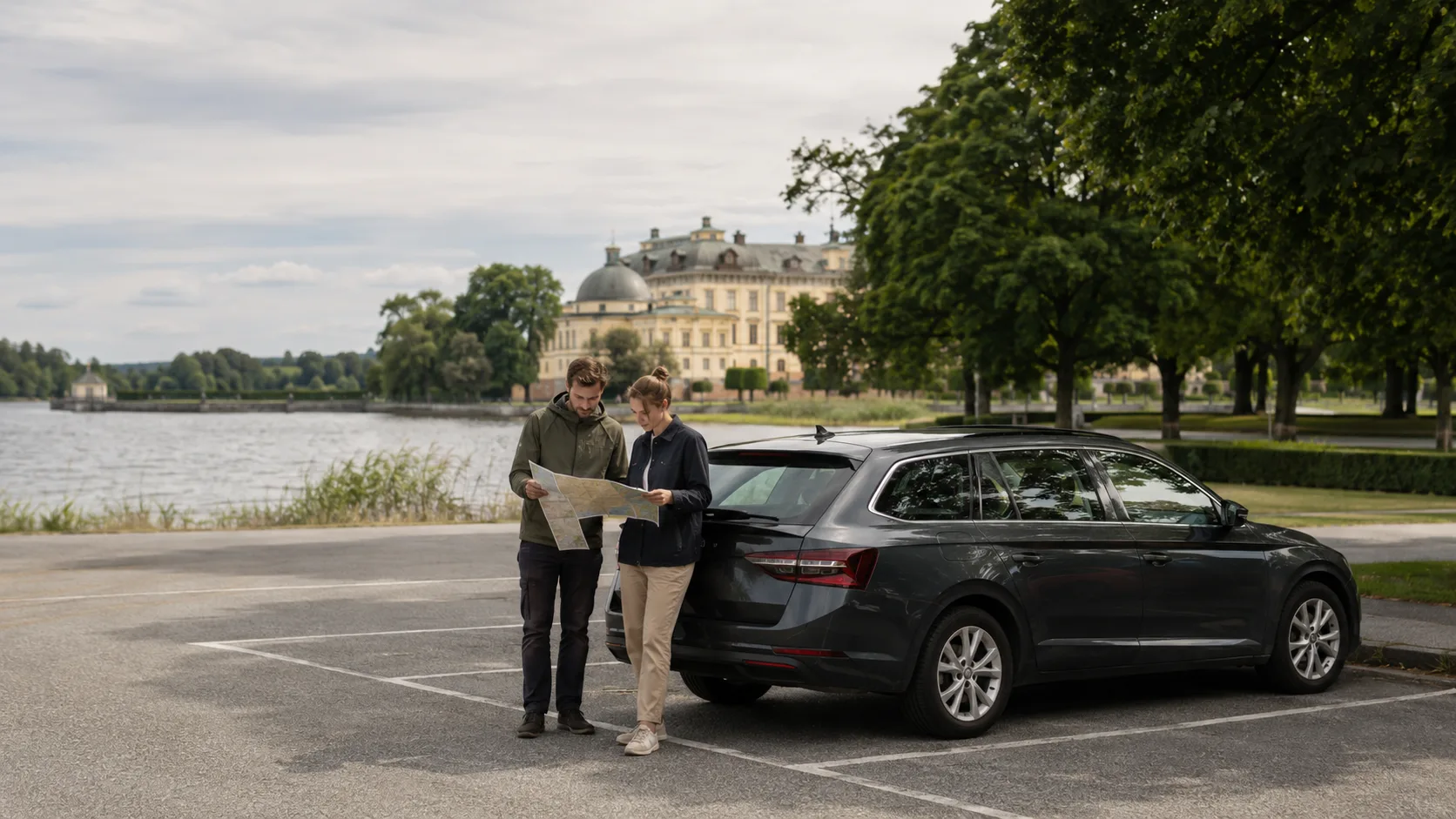 Two travellers plan beside a parked car with Drottningholm Palace and Lake Mälaren behind them