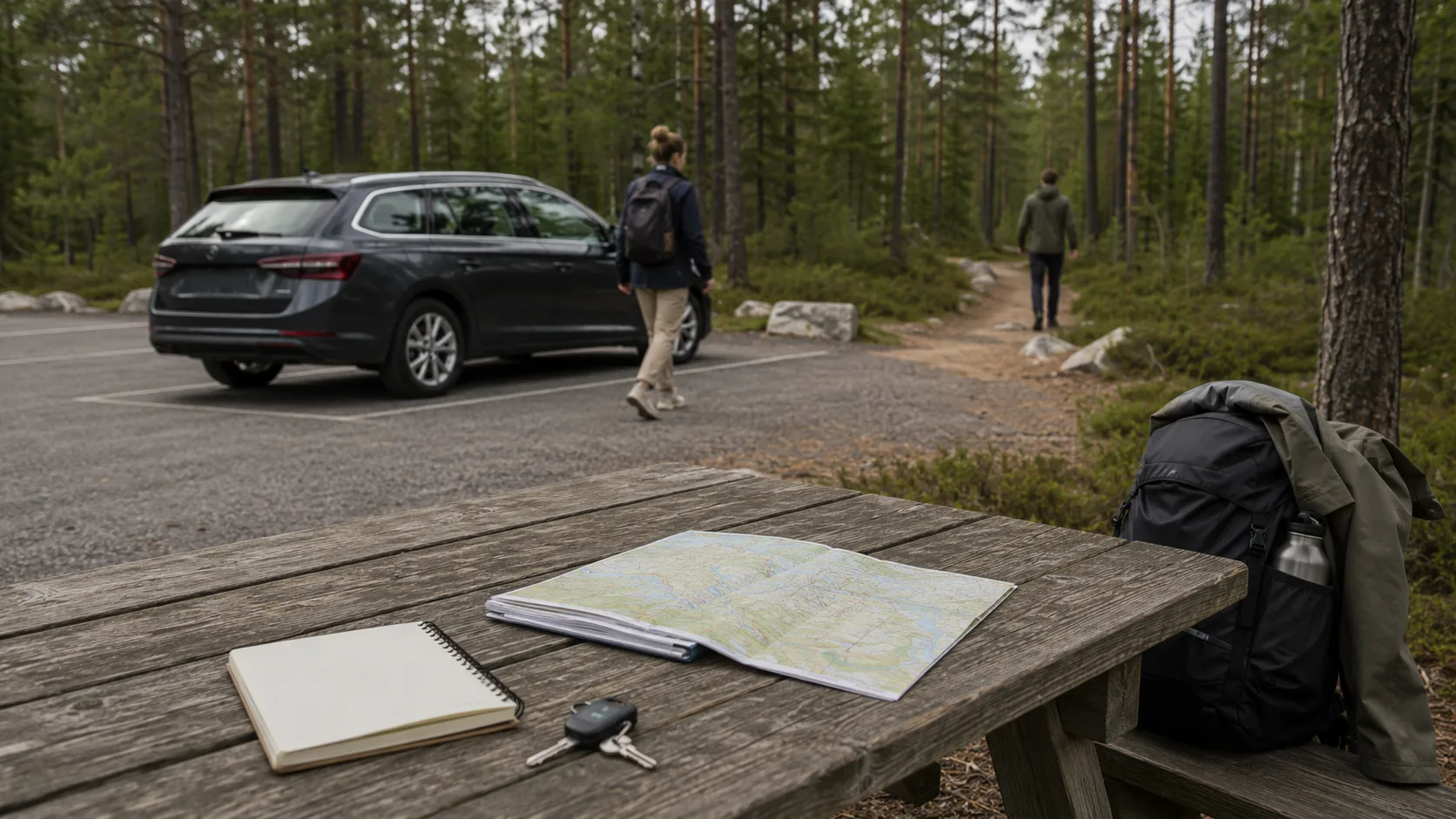 A map, notebook and car keys on a wooden table beside an official parking area near Tyresta