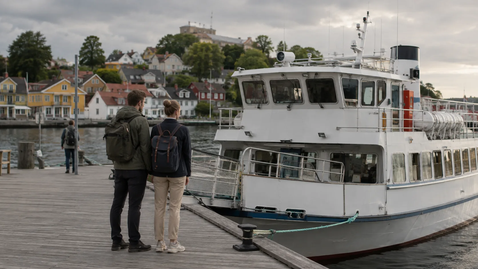 Two travellers with day packs wait beside an archipelago boat in Vaxholm harbour