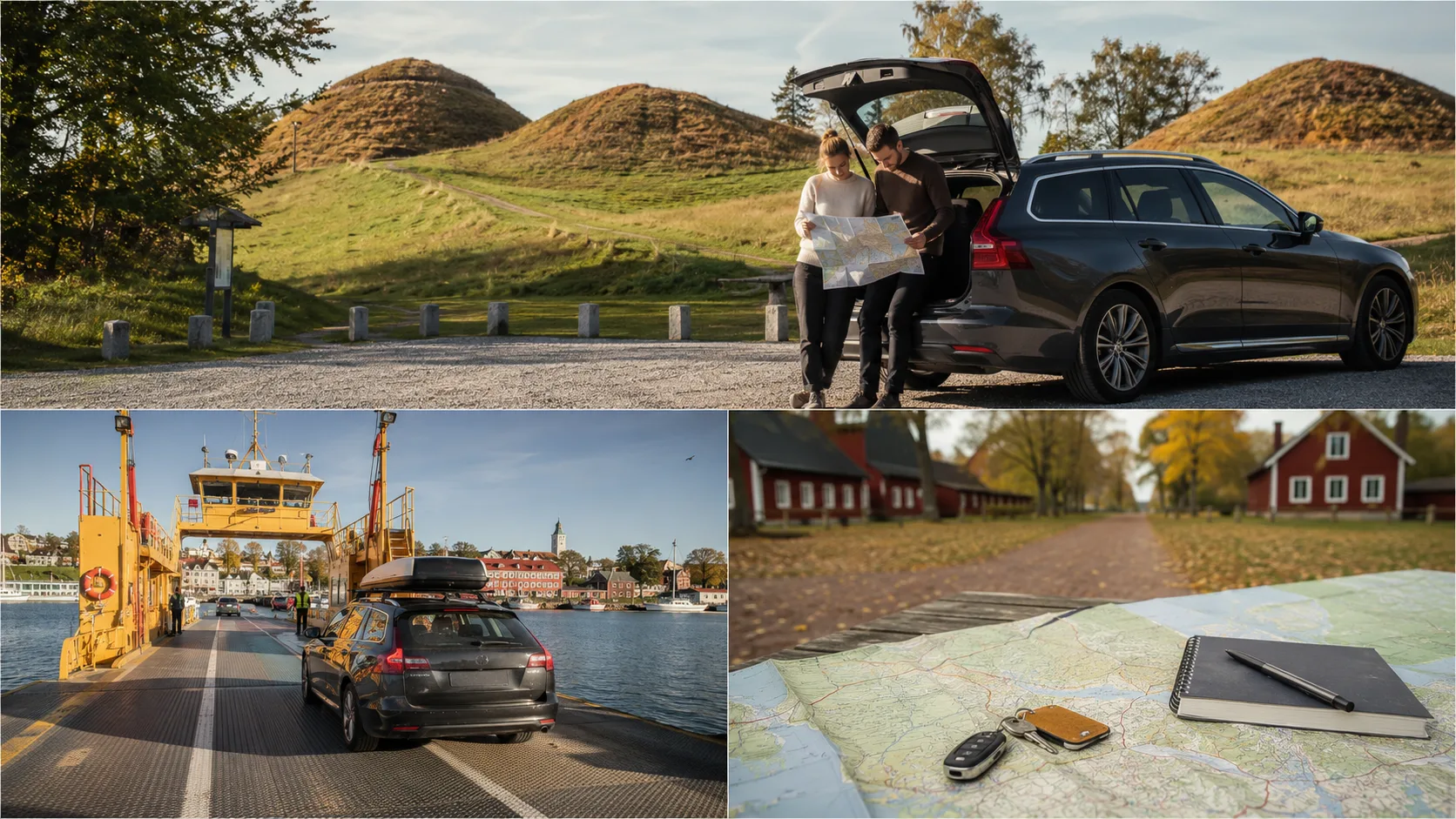 Travellers plan beside Gamla Uppsala in a collage with the Gräsö ferry and a map of Uppsala County