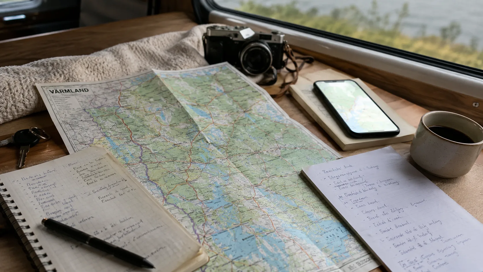 Karta över Värmland med anteckningar, kamera och kaffe under roadtrip
