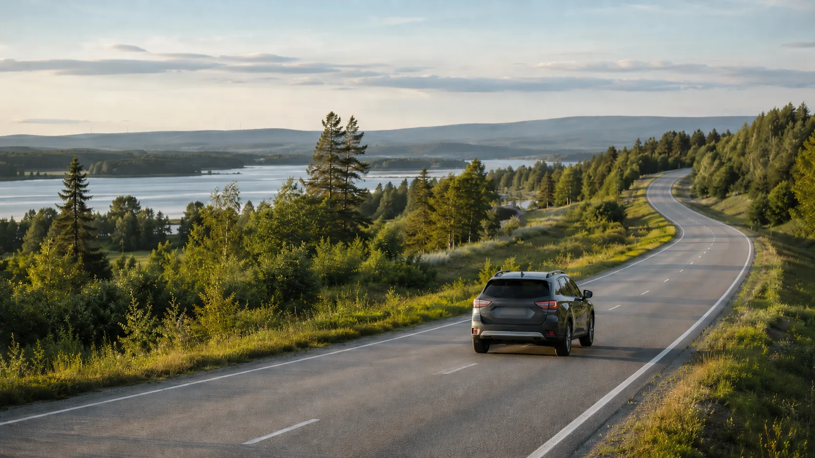 A car driving through Västerbotten beside forest, lake and evening light
