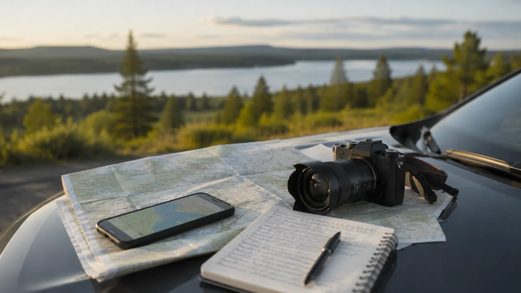 A map, phone, camera and notebook during a Västerbotten road trip