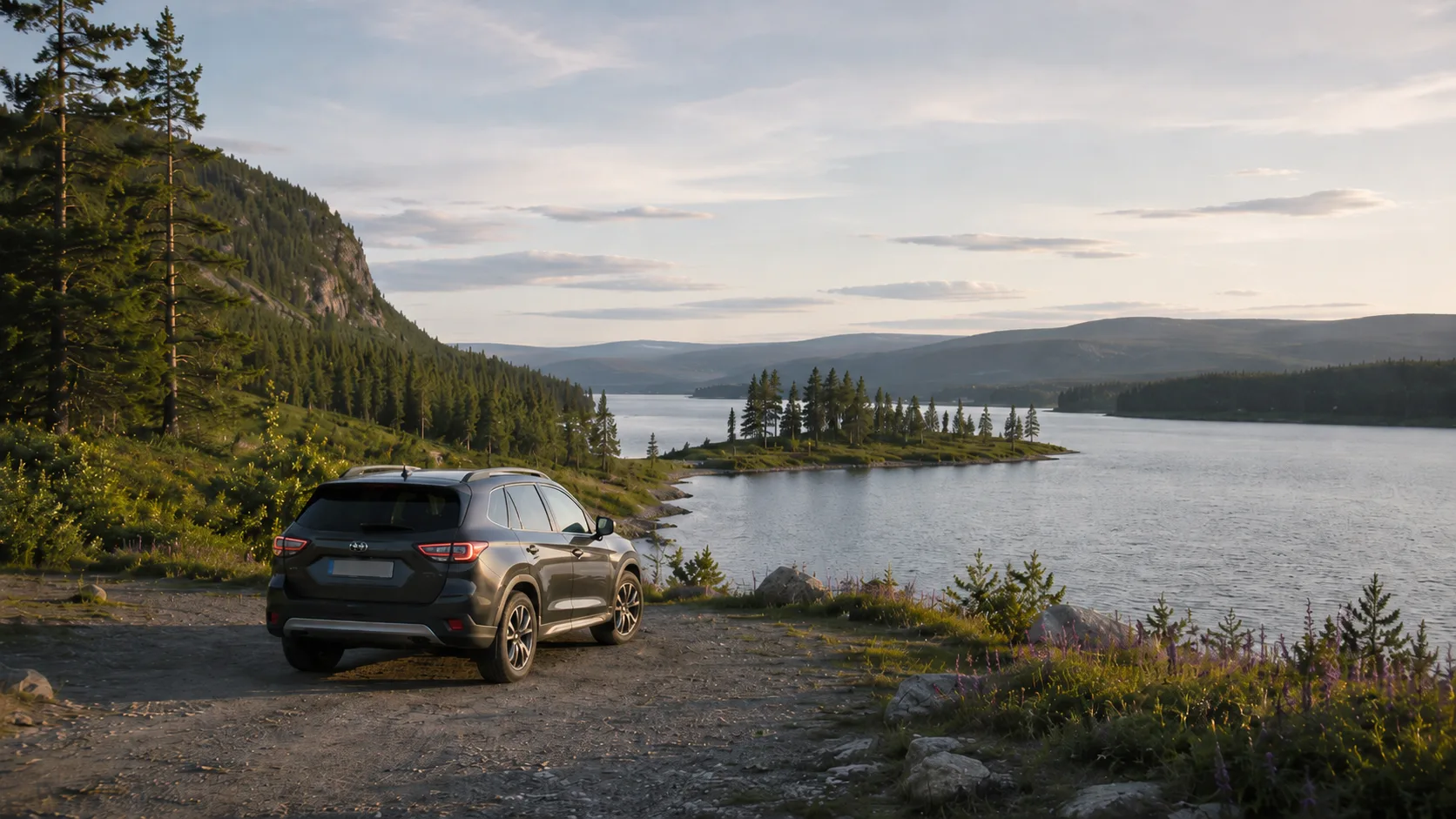 A car beside a lake in a mountain landscape in Västerbotten