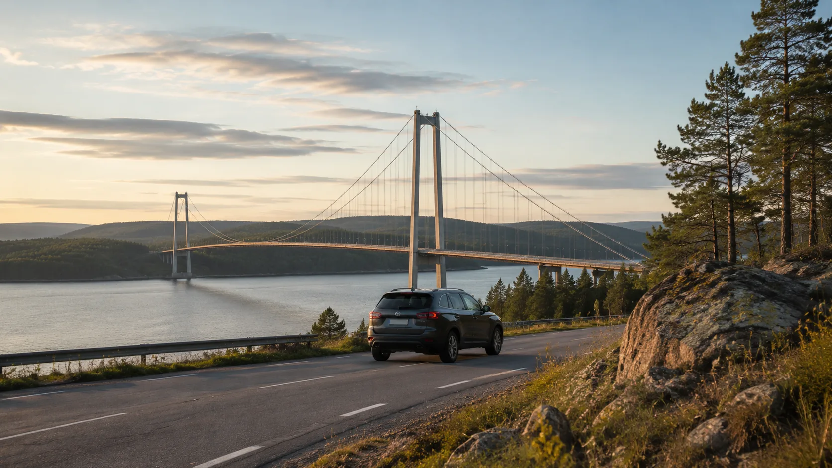 A car near the High Coast Bridge in evening coastal light