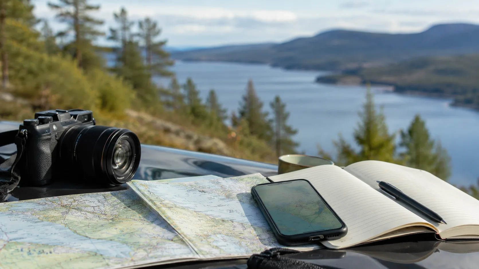 A map, phone, camera and notebook during a Västernorrland road trip