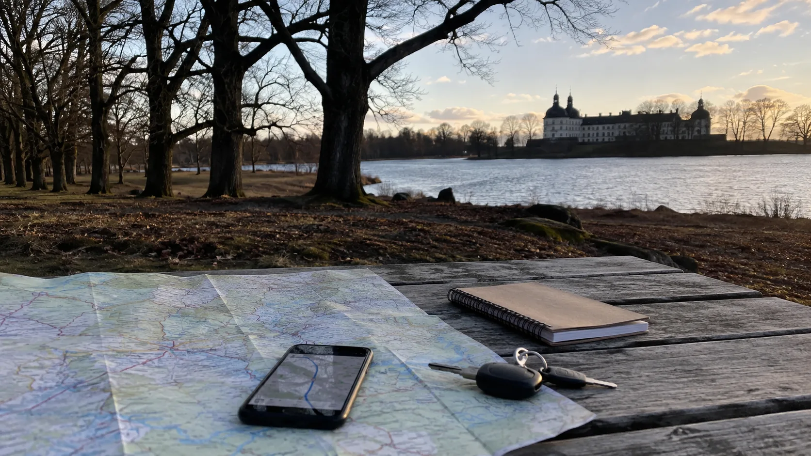 A map, phone, notebook and car keys beside Strömsholm Palace