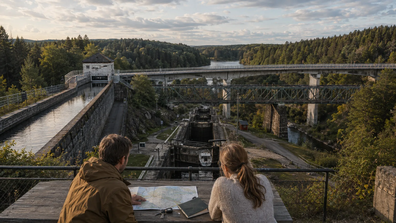 Two travellers plan beside Håverud Aqueduct and the lock area