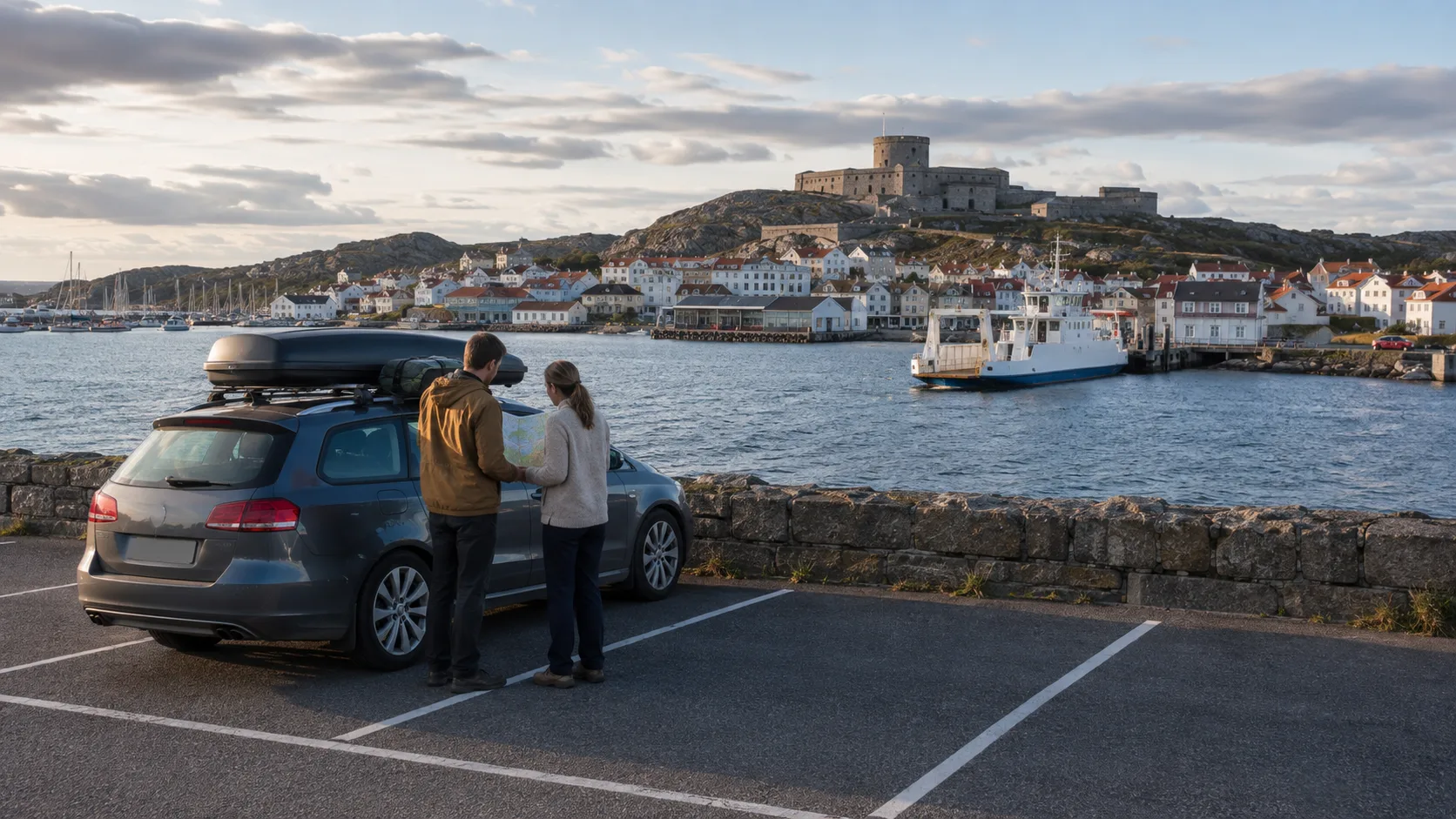Two travellers plan beside a parked car with Marstrand and Carlsten Fortress behind them