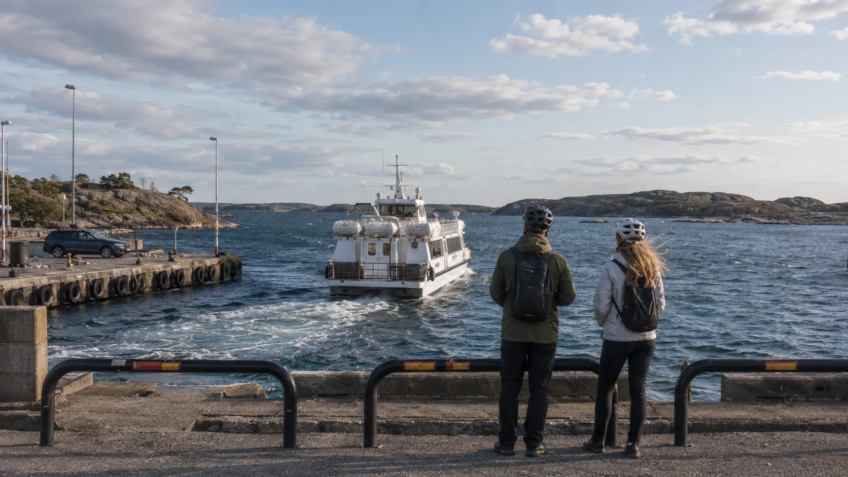 Two cycling travellers watch a passenger boat leave Strömstad for the Koster Islands