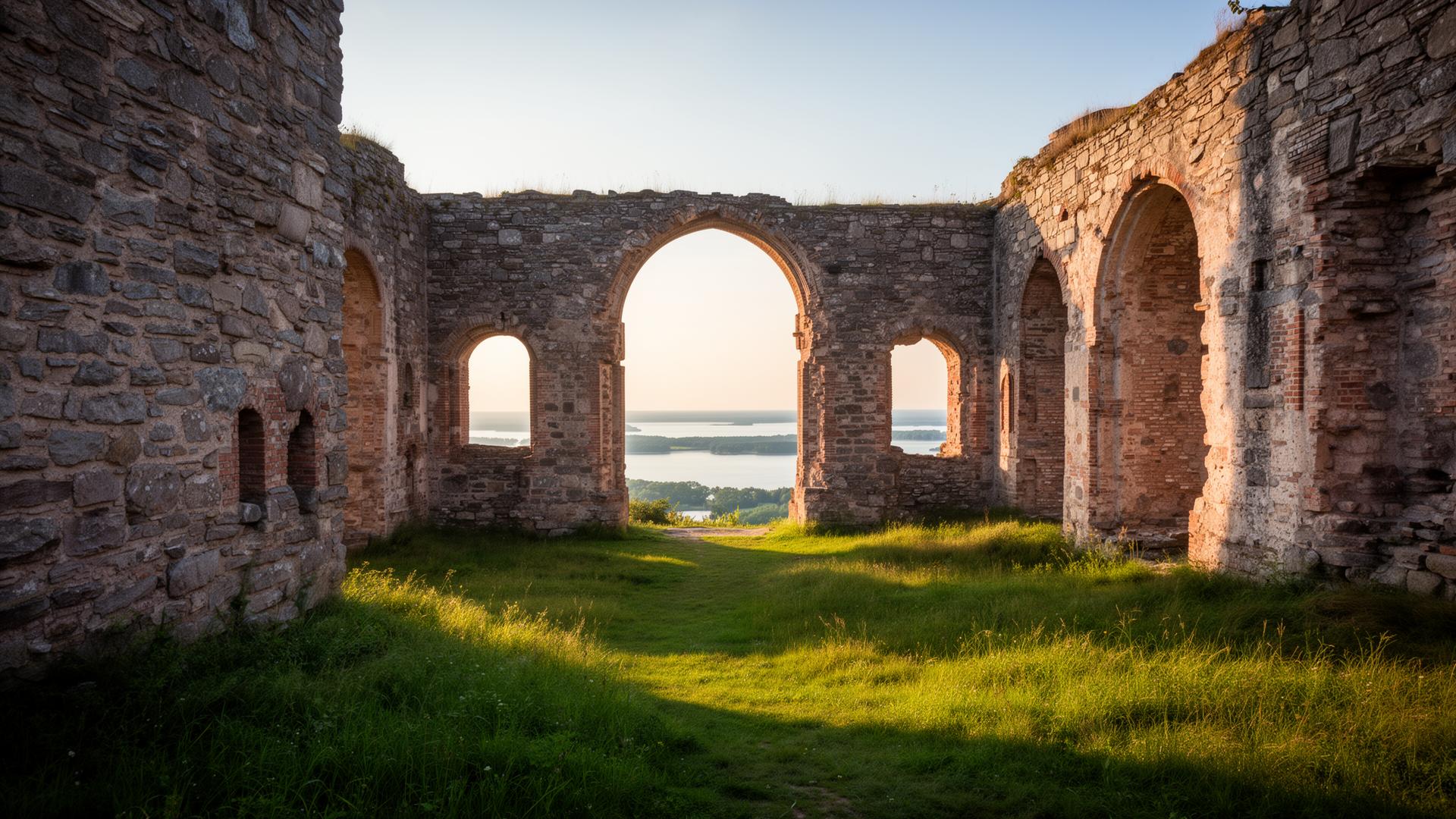The arches of Borgholm Castle ruin overlooking the Kalmar Strait