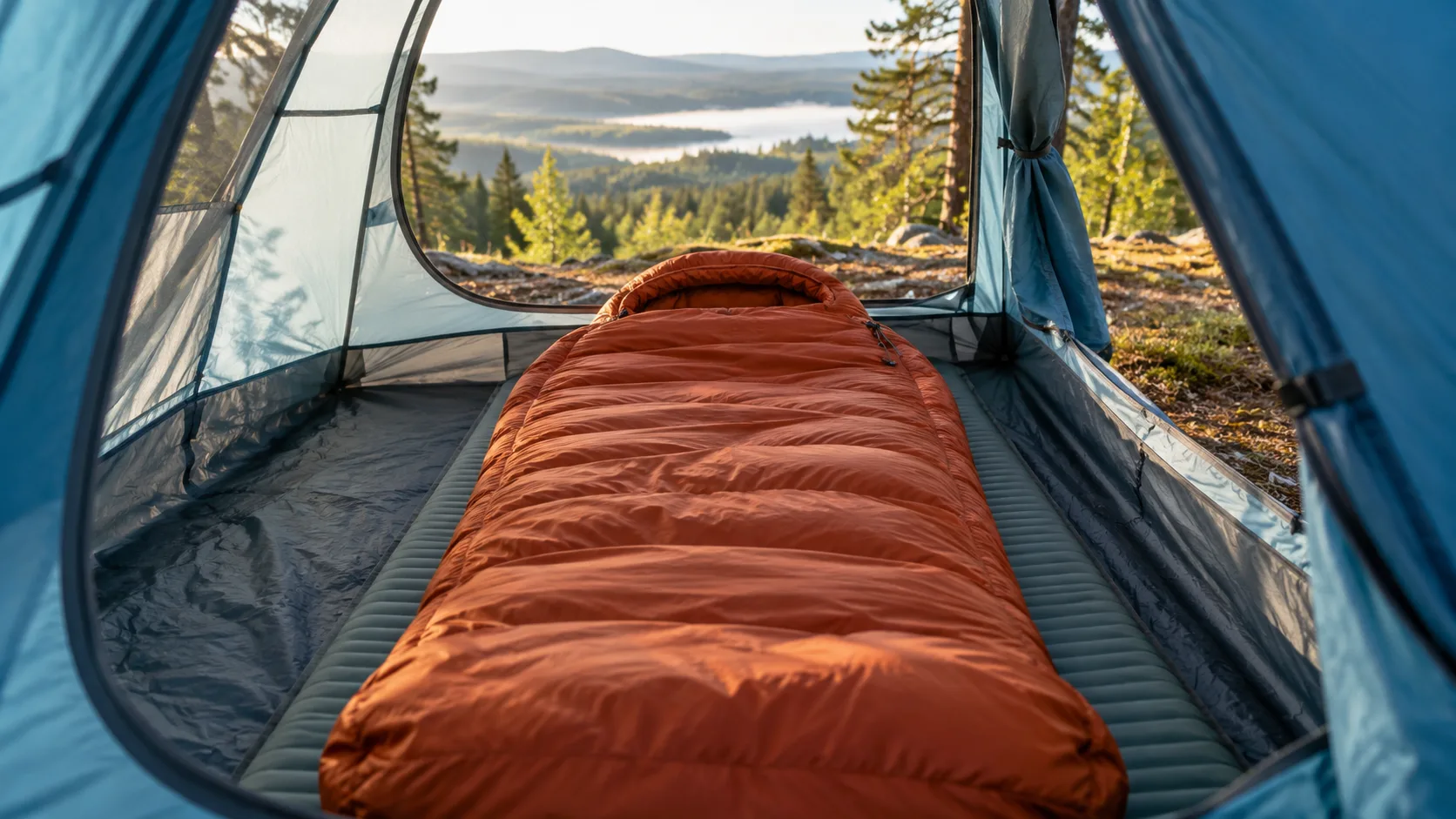 Illustration: An orange sleeping bag on a sleeping mat inside an open tent