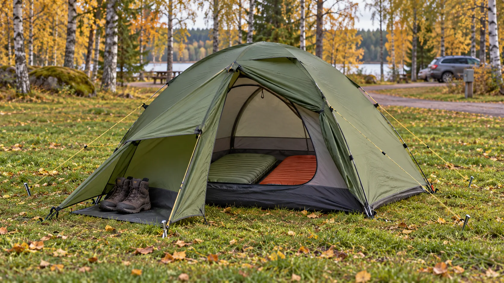 Illustration: Förankrat kupoltält med två liggunderlag på en camping