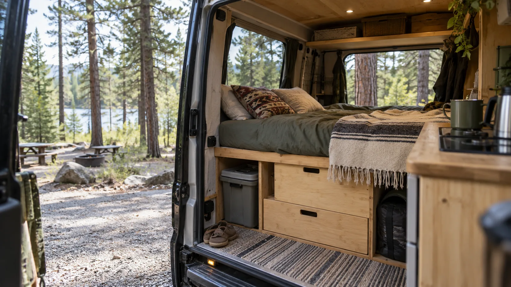 Illustration: Säng och träförvaring sedda genom en campervans öppna sidodörr