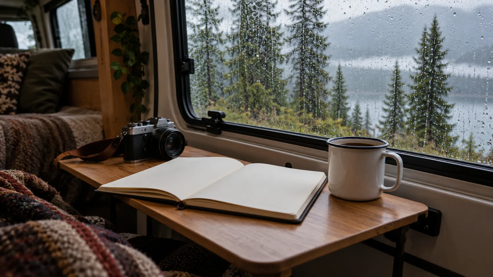 Illustration: Anteckningsbok och kaffemugg vid ett regnigt fönster i en campervan