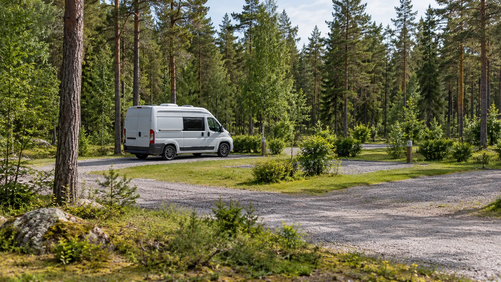 Illustration: Vit campervan på en avgränsad grusplats på en skogscamping