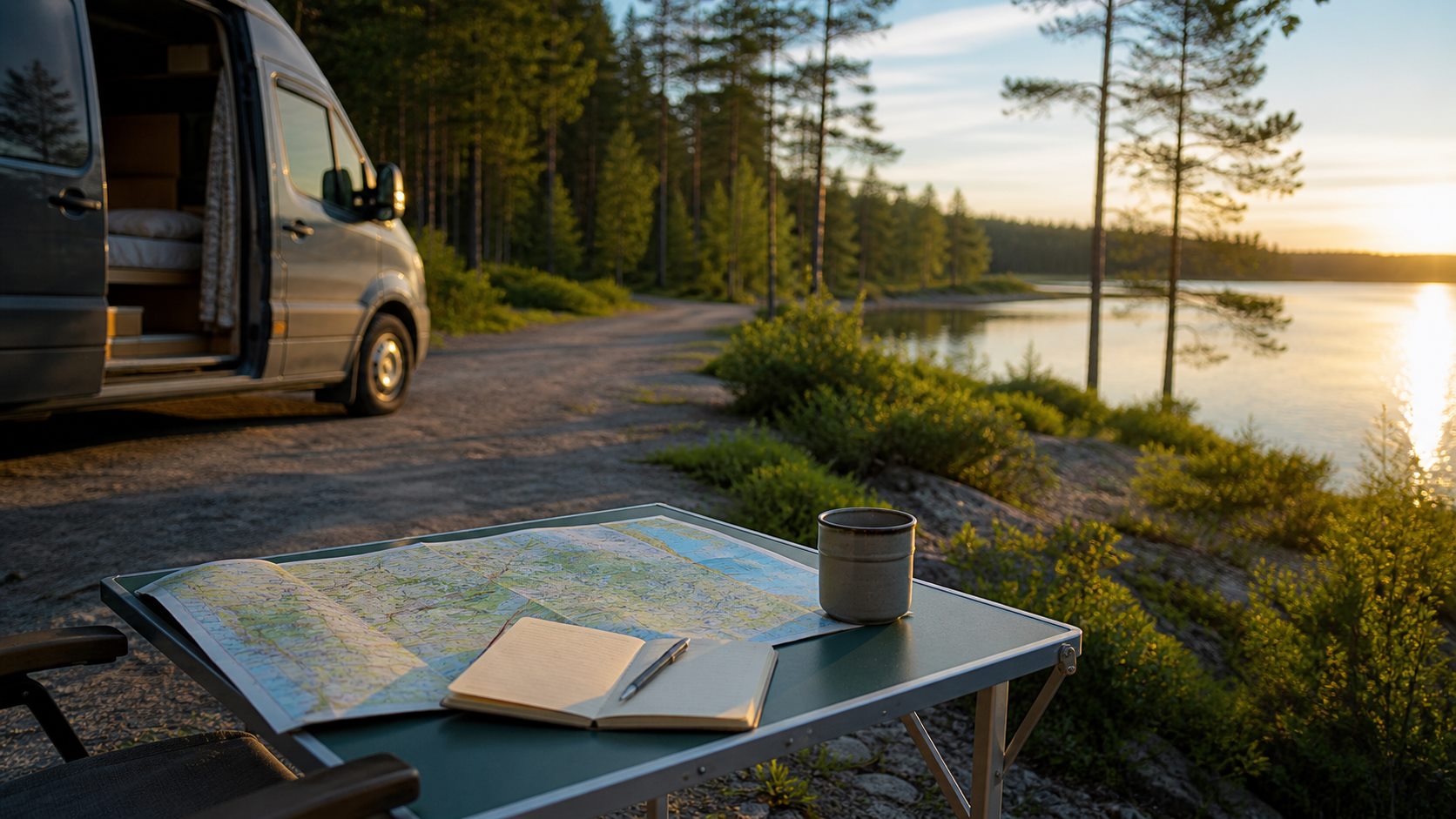 Vanlife-rutt i Sverige med karta, van och kvällsljus