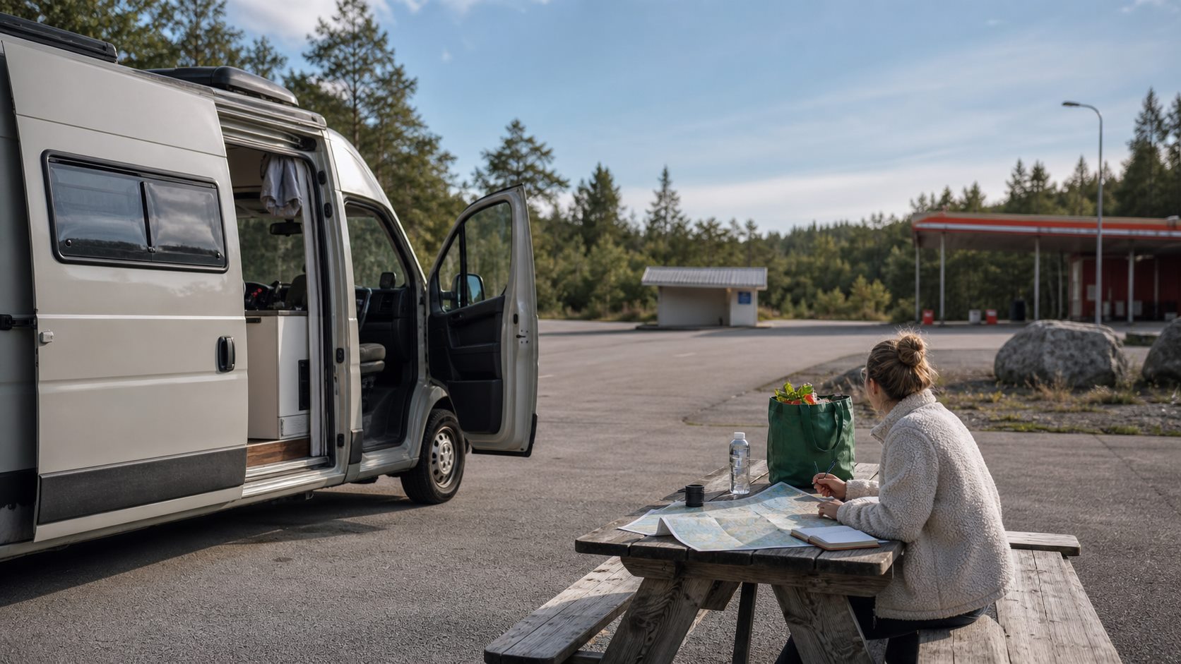 A vanlife service break with water, food and a map